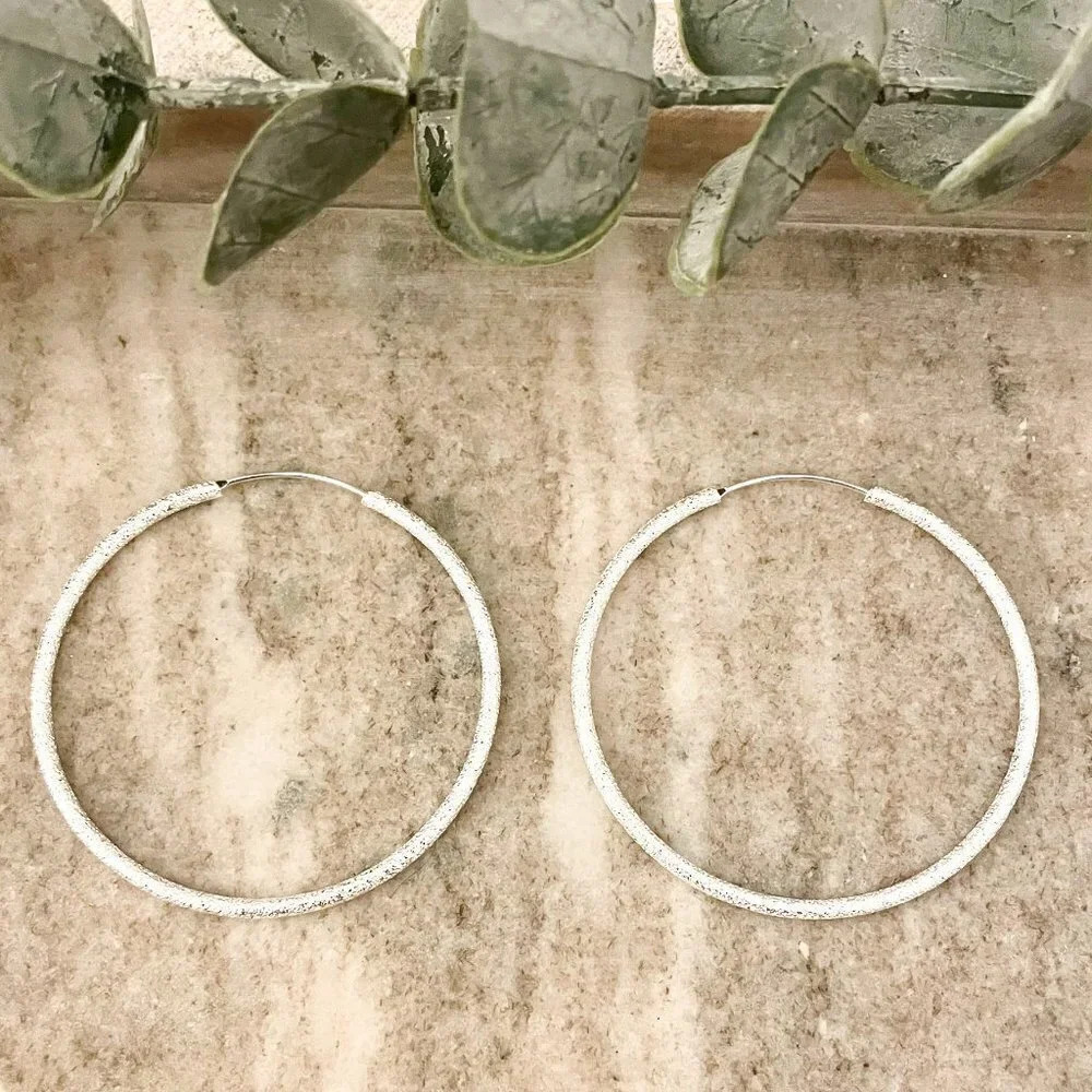 925 Sterling Silver Hoop Earrings Textured Shiny Hoops 2 inch Hoop Earrings